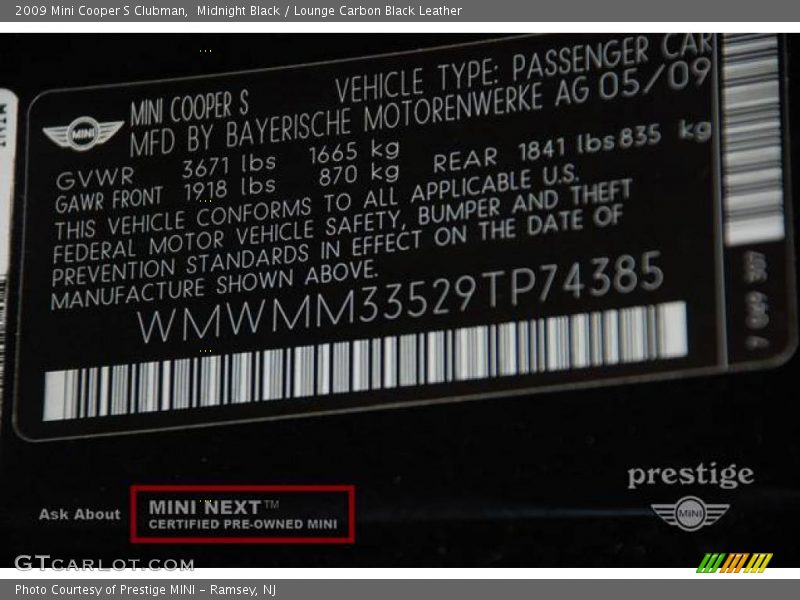 Midnight Black / Lounge Carbon Black Leather 2009 Mini Cooper S Clubman