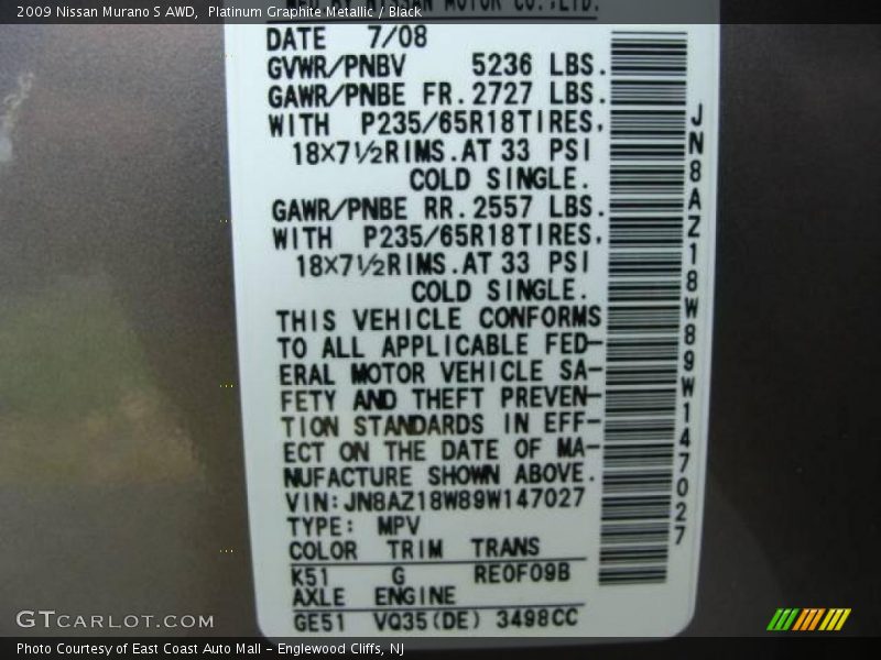 Platinum Graphite Metallic / Black 2009 Nissan Murano S AWD