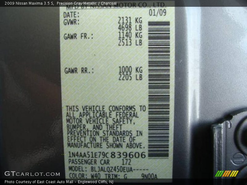 2009 Maxima 3.5 S Precision Gray Metallic Color Code W40