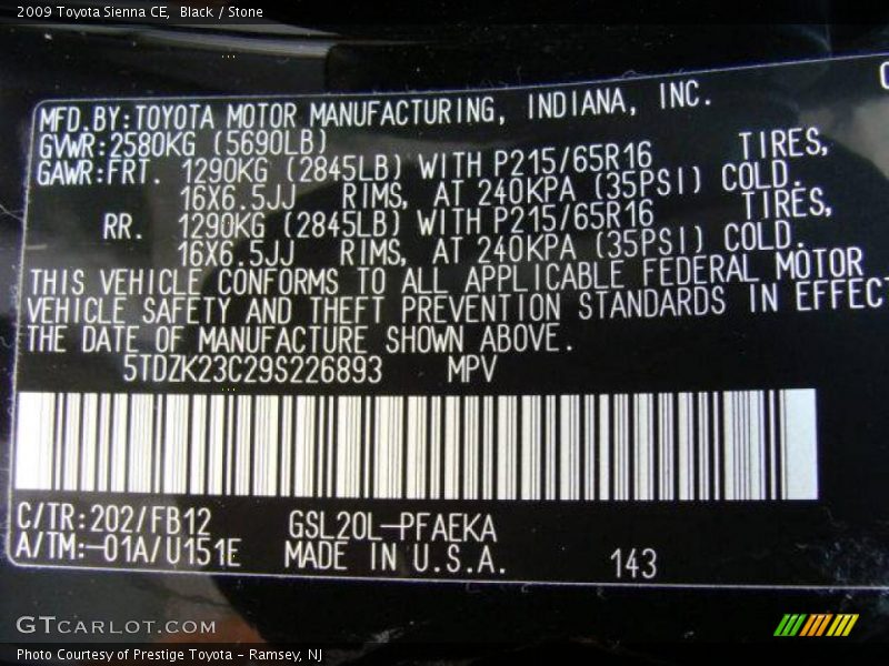 Black / Stone 2009 Toyota Sienna CE