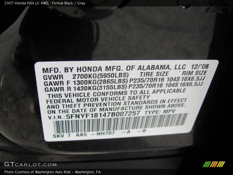 Formal Black / Gray 2007 Honda Pilot LX 4WD