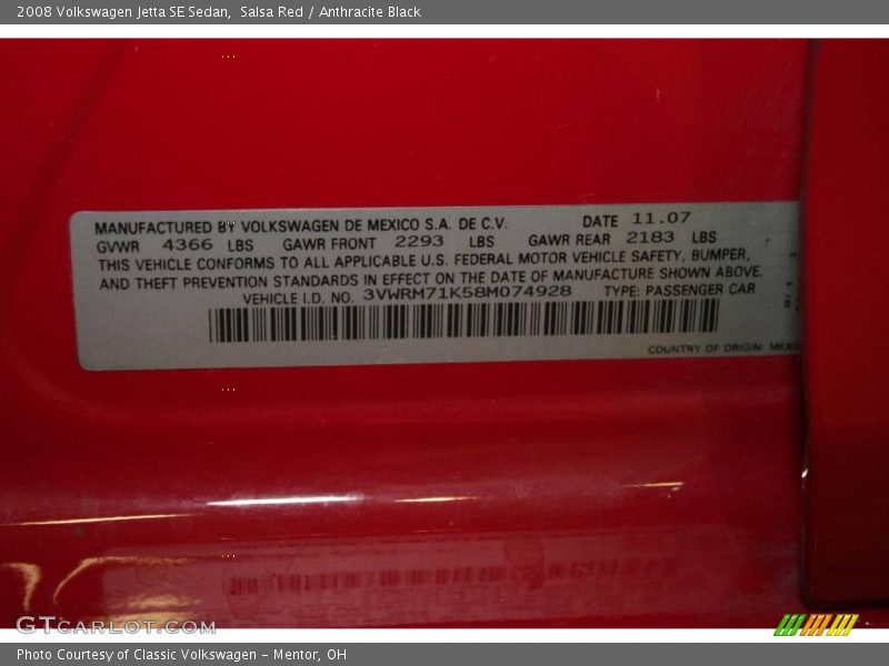 Salsa Red / Anthracite Black 2008 Volkswagen Jetta SE Sedan