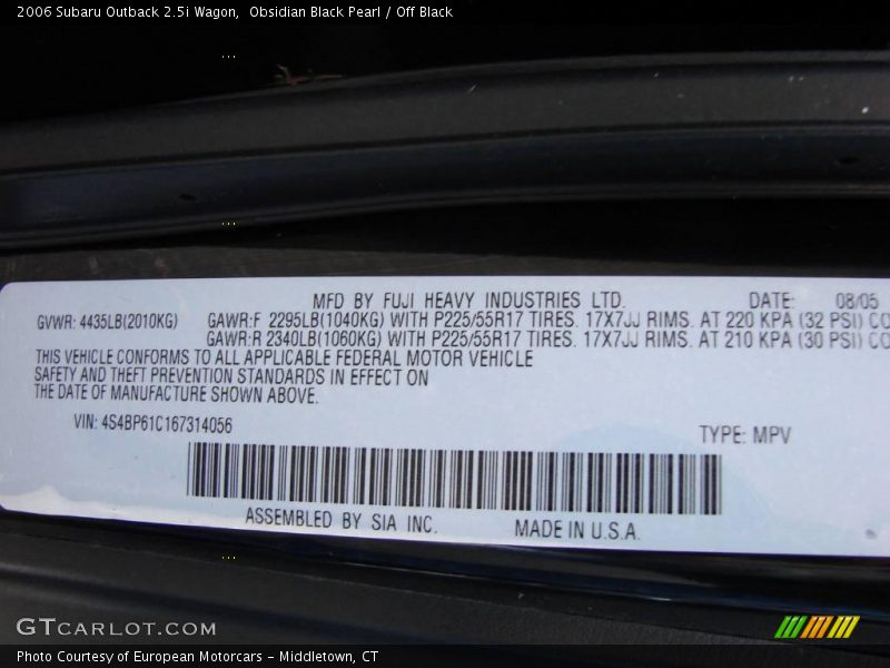 Obsidian Black Pearl / Off Black 2006 Subaru Outback 2.5i Wagon