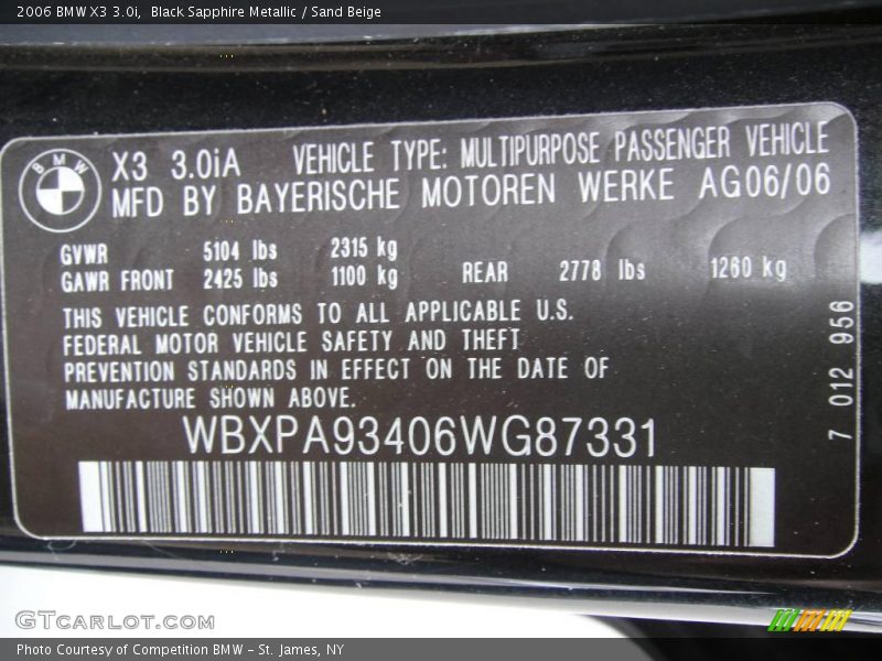 Black Sapphire Metallic / Sand Beige 2006 BMW X3 3.0i
