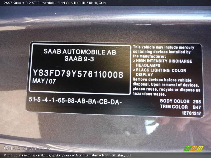 Steel Gray Metallic / Black/Gray 2007 Saab 9-3 2.0T Convertible