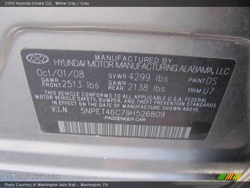 Willow Gray / Gray 2009 Hyundai Sonata GLS