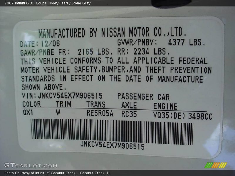 Ivory Pearl / Stone Gray 2007 Infiniti G 35 Coupe