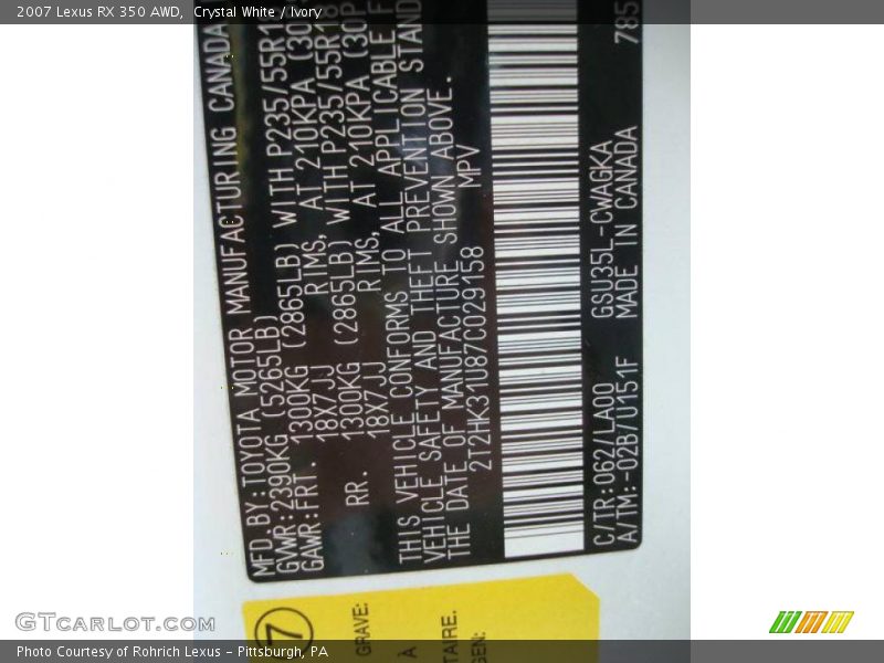 Crystal White / Ivory 2007 Lexus RX 350 AWD
