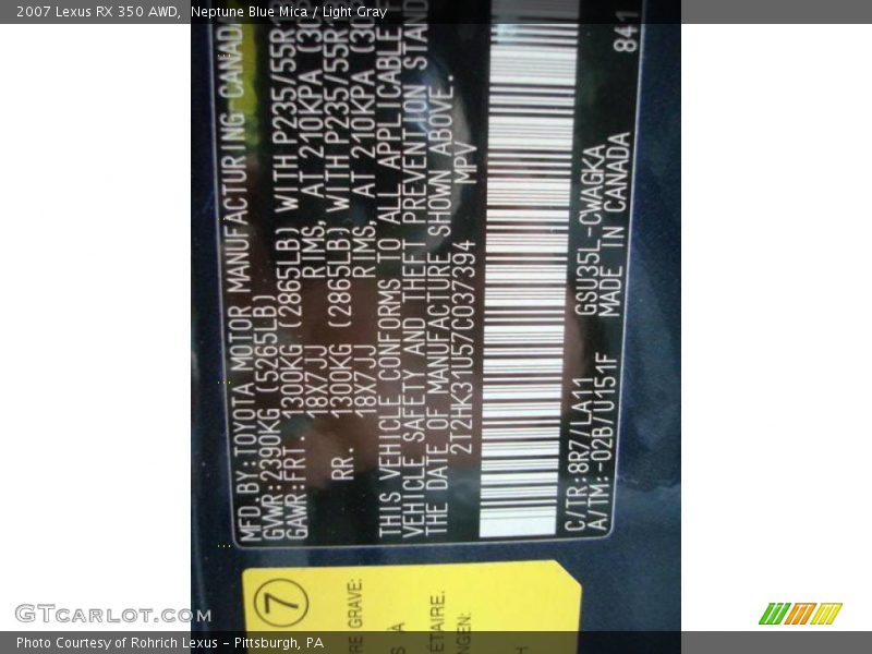 Neptune Blue Mica / Light Gray 2007 Lexus RX 350 AWD