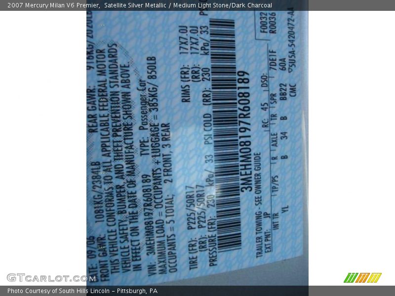 Satellite Silver Metallic / Medium Light Stone/Dark Charcoal 2007 Mercury Milan V6 Premier
