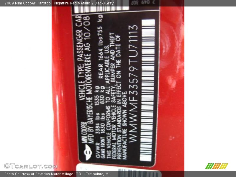 Nightfire Red Metallic / Black/Grey 2009 Mini Cooper Hardtop