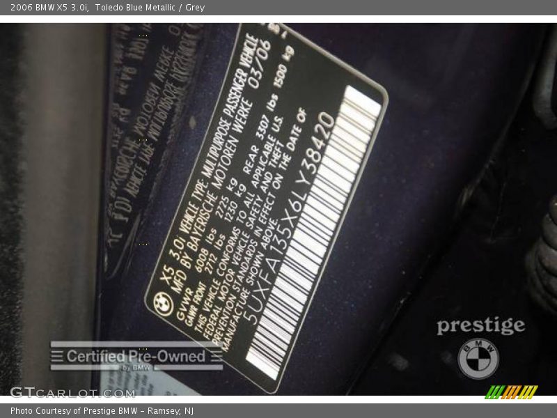 Toledo Blue Metallic / Grey 2006 BMW X5 3.0i