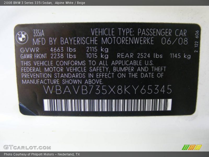 Alpine White / Beige 2008 BMW 3 Series 335i Sedan