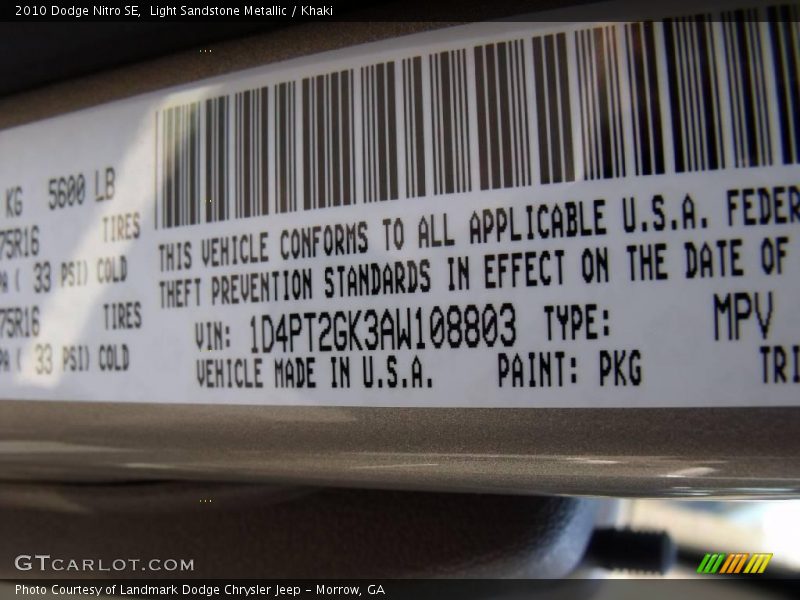 2010 Nitro SE Light Sandstone Metallic Color Code PKG