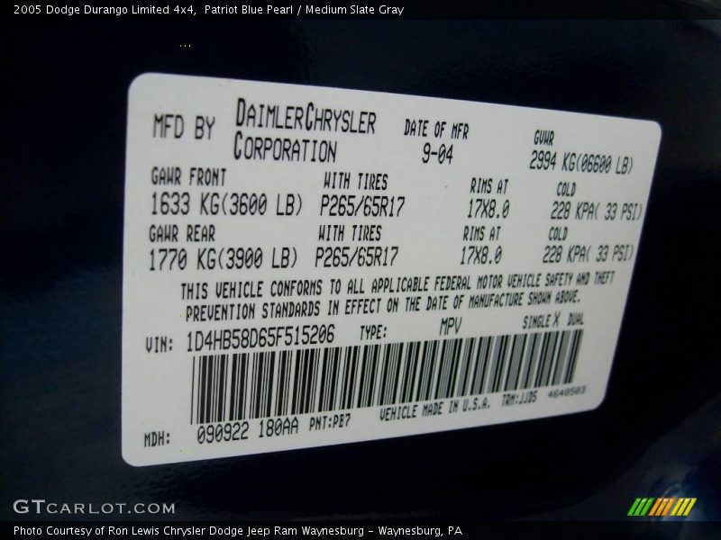 Patriot Blue Pearl / Medium Slate Gray 2005 Dodge Durango Limited 4x4