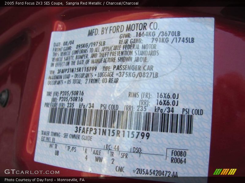 Sangria Red Metallic / Charcoal/Charcoal 2005 Ford Focus ZX3 SES Coupe