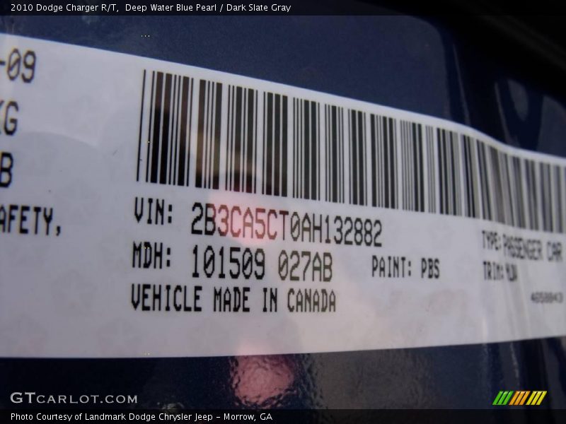 Deep Water Blue Pearl / Dark Slate Gray 2010 Dodge Charger R/T