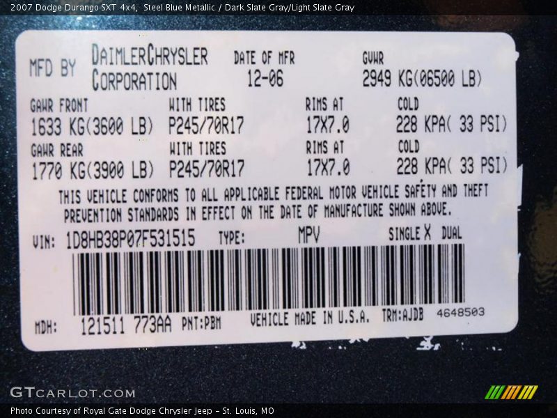 Steel Blue Metallic / Dark Slate Gray/Light Slate Gray 2007 Dodge Durango SXT 4x4