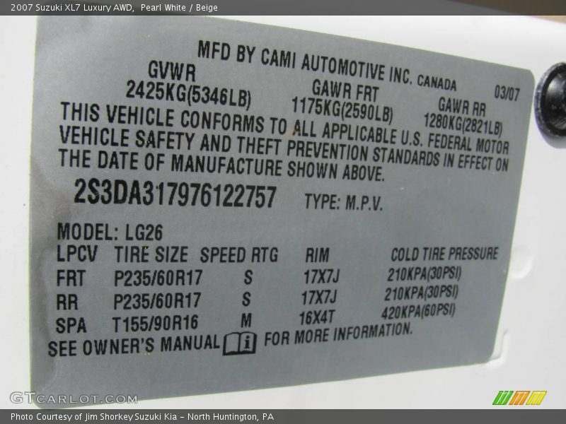 Pearl White / Beige 2007 Suzuki XL7 Luxury AWD