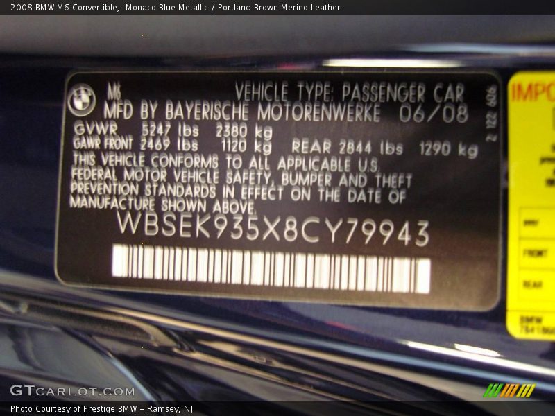 Monaco Blue Metallic / Portland Brown Merino Leather 2008 BMW M6 Convertible