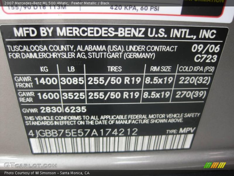 Pewter Metallic / Black 2007 Mercedes-Benz ML 500 4Matic