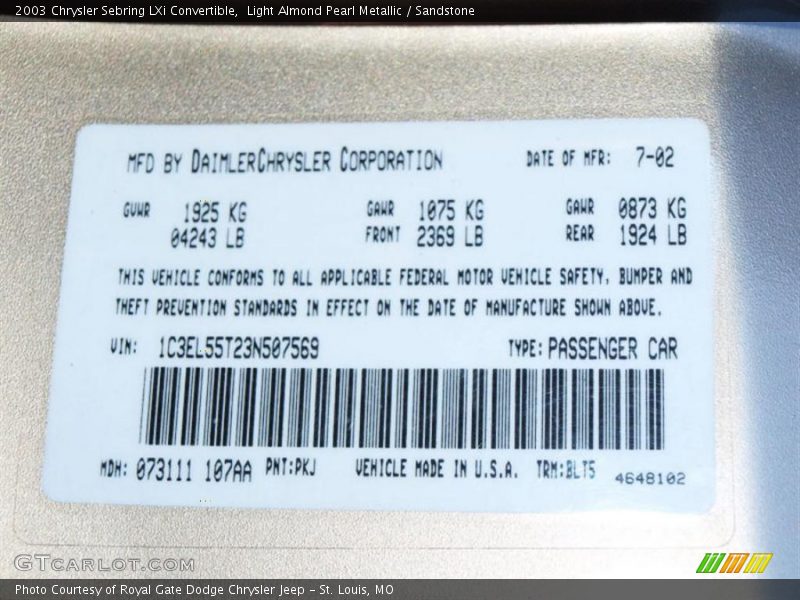 Light Almond Pearl Metallic / Sandstone 2003 Chrysler Sebring LXi Convertible