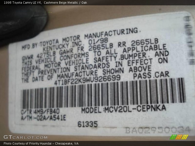 Cashmere Beige Metallic / Oak 1998 Toyota Camry LE V6
