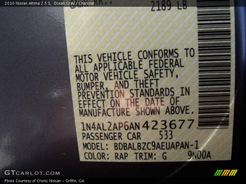 Ocean Gray / Charcoal 2010 Nissan Altima 2.5 S