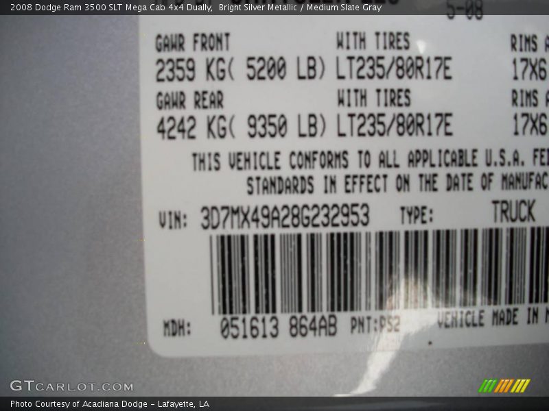 Bright Silver Metallic / Medium Slate Gray 2008 Dodge Ram 3500 SLT Mega Cab 4x4 Dually