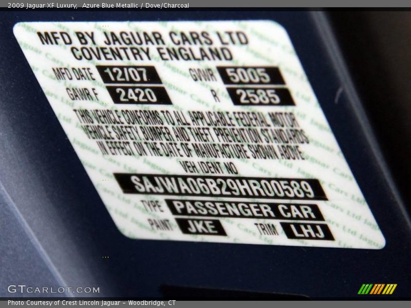 Azure Blue Metallic / Dove/Charcoal 2009 Jaguar XF Luxury
