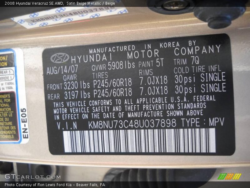 Satin Beige Metallic / Beige 2008 Hyundai Veracruz SE AWD