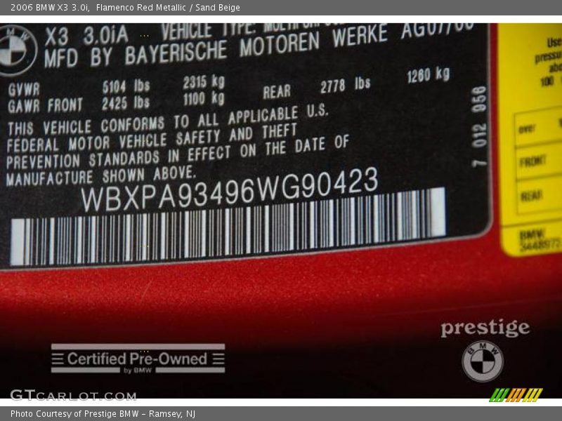 Flamenco Red Metallic / Sand Beige 2006 BMW X3 3.0i