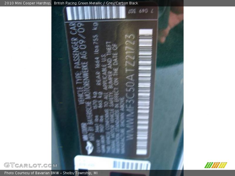 British Racing Green Metallic / Grey/Carbon Black 2010 Mini Cooper Hardtop
