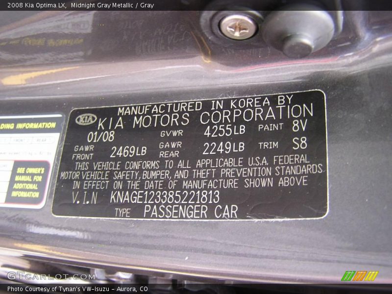 Midnight Gray Metallic / Gray 2008 Kia Optima LX
