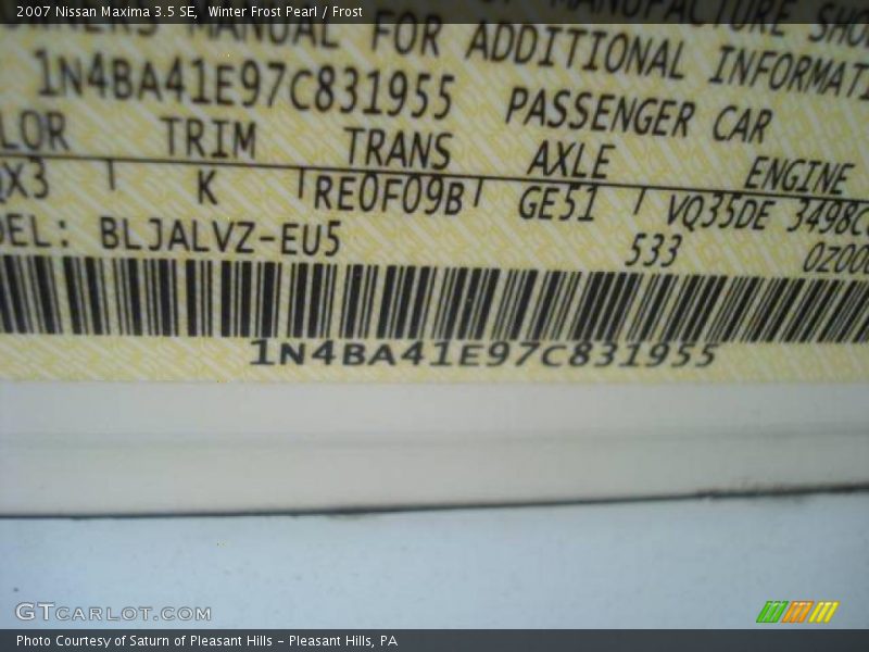 Winter Frost Pearl / Frost 2007 Nissan Maxima 3.5 SE
