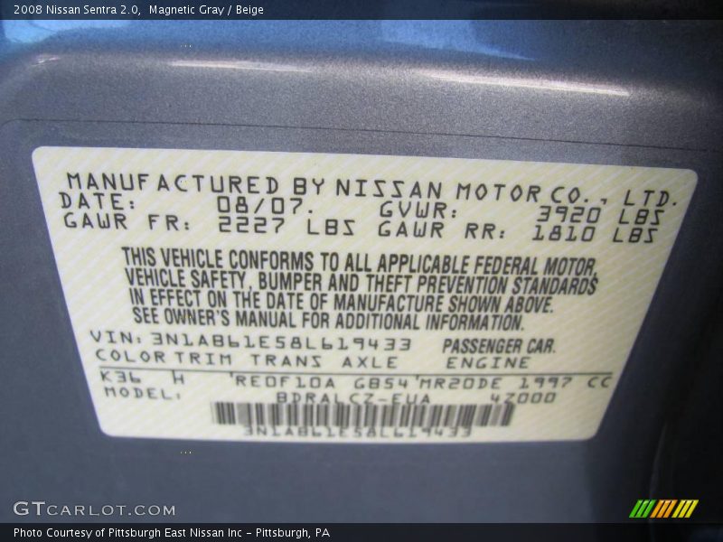Magnetic Gray / Beige 2008 Nissan Sentra 2.0