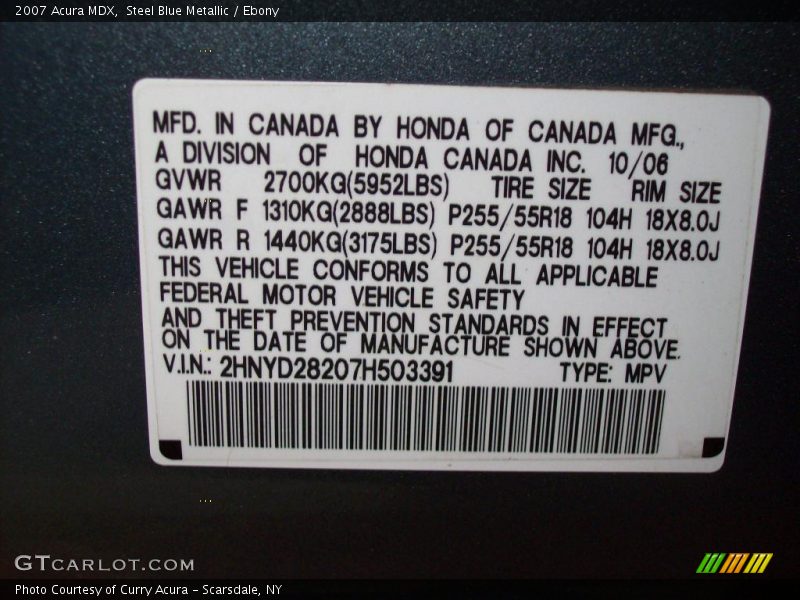 Steel Blue Metallic / Ebony 2007 Acura MDX