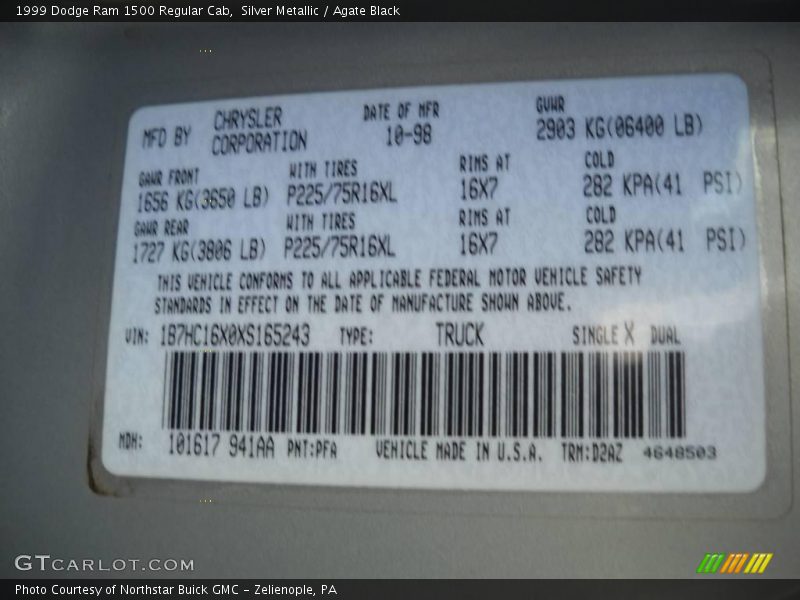 Silver Metallic / Agate Black 1999 Dodge Ram 1500 Regular Cab