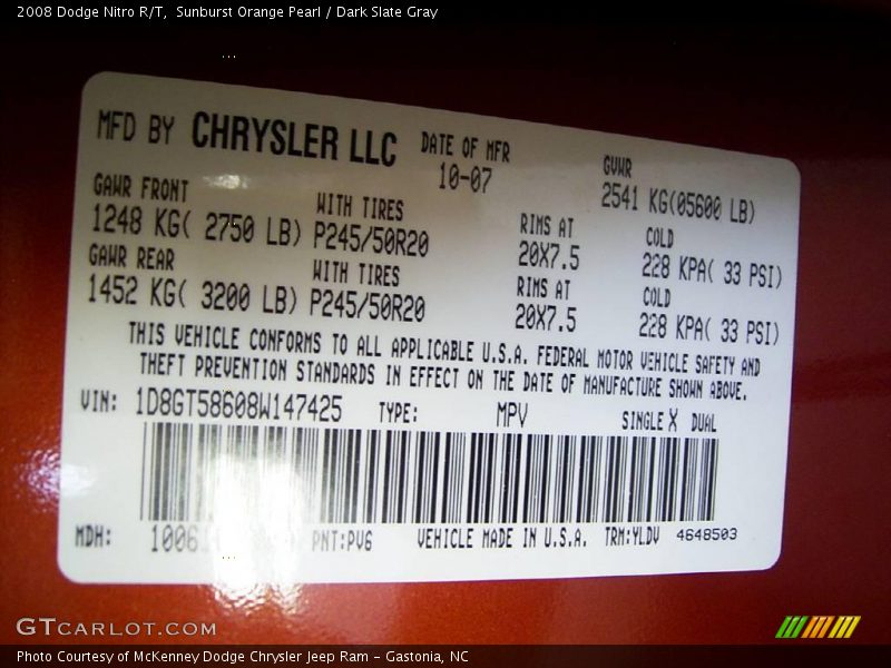 Sunburst Orange Pearl / Dark Slate Gray 2008 Dodge Nitro R/T