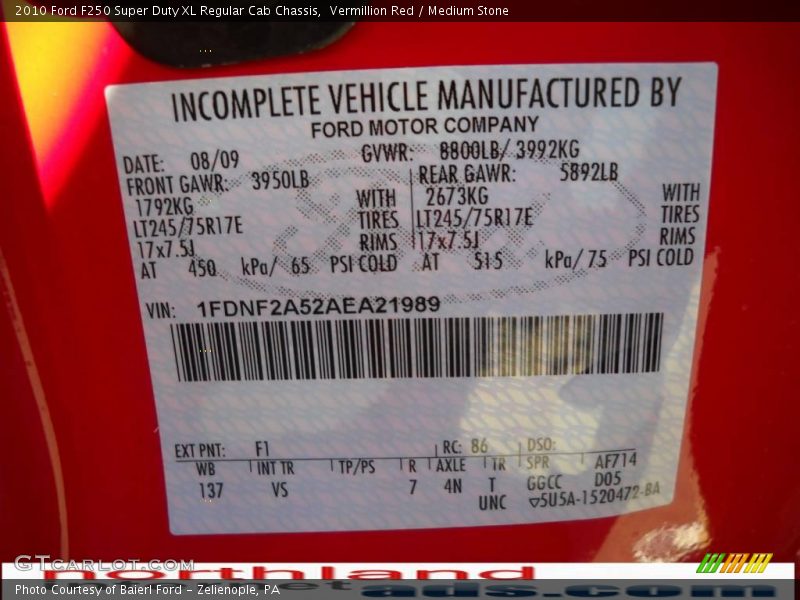 Vermillion Red / Medium Stone 2010 Ford F250 Super Duty XL Regular Cab Chassis