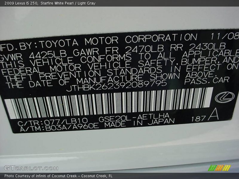 Starfire White Pearl / Light Gray 2009 Lexus IS 250