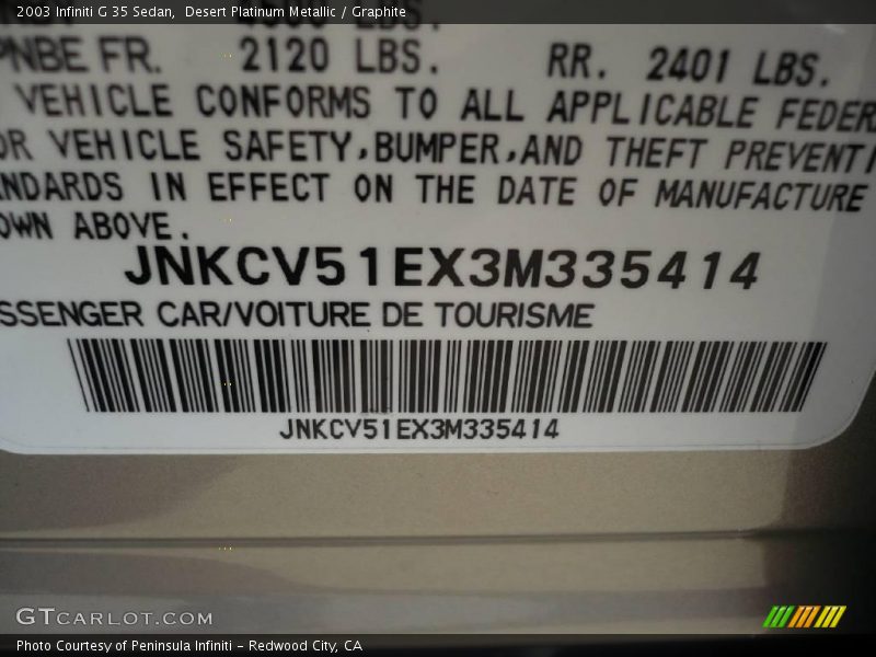 Desert Platinum Metallic / Graphite 2003 Infiniti G 35 Sedan