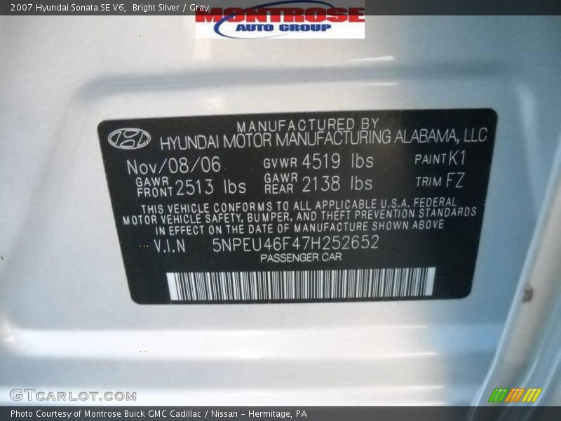 Bright Silver / Gray 2007 Hyundai Sonata SE V6
