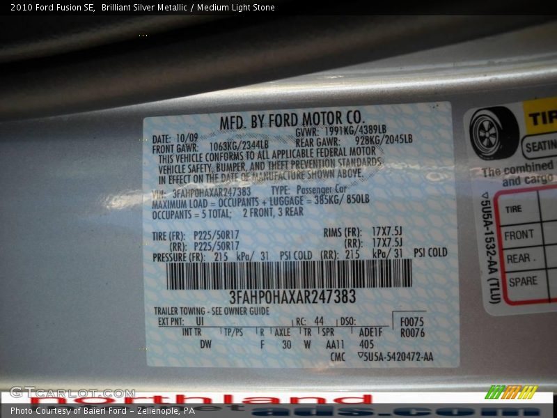 Brilliant Silver Metallic / Medium Light Stone 2010 Ford Fusion SE