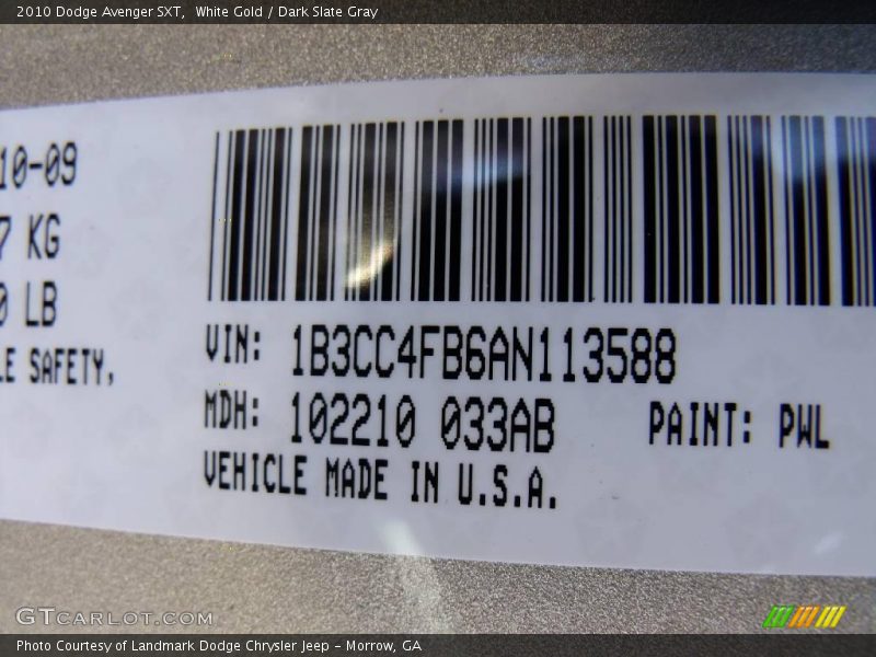 2010 Avenger SXT White Gold Color Code PWL