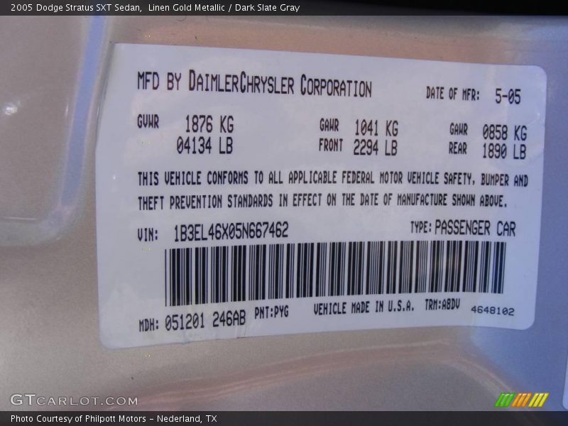 Linen Gold Metallic / Dark Slate Gray 2005 Dodge Stratus SXT Sedan