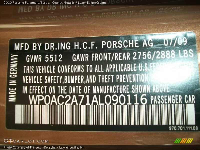 Cognac Metallic / Luxor Beige/Cream 2010 Porsche Panamera Turbo