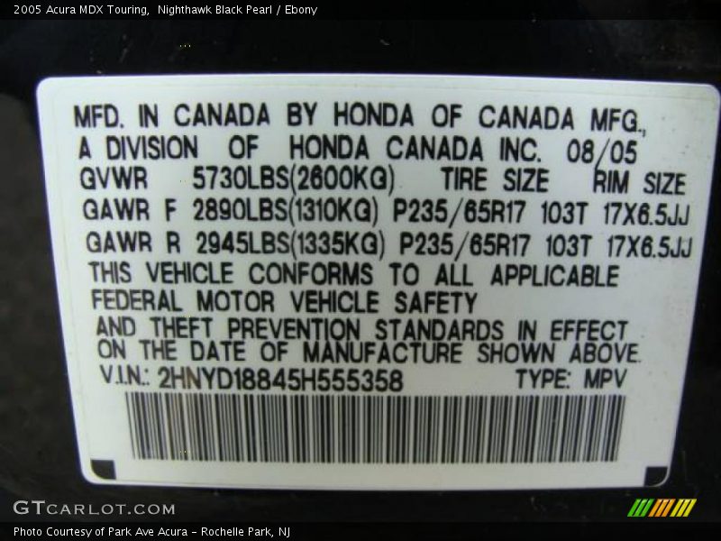 Nighthawk Black Pearl / Ebony 2005 Acura MDX Touring