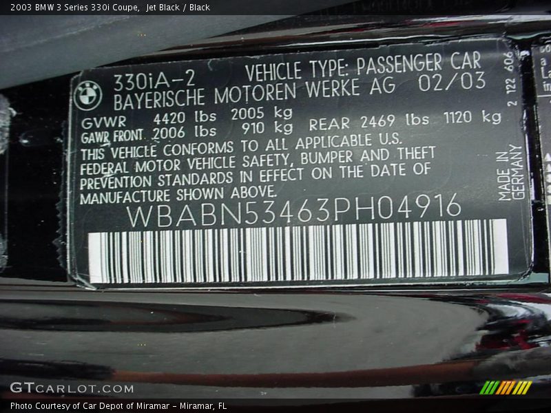 Jet Black / Black 2003 BMW 3 Series 330i Coupe