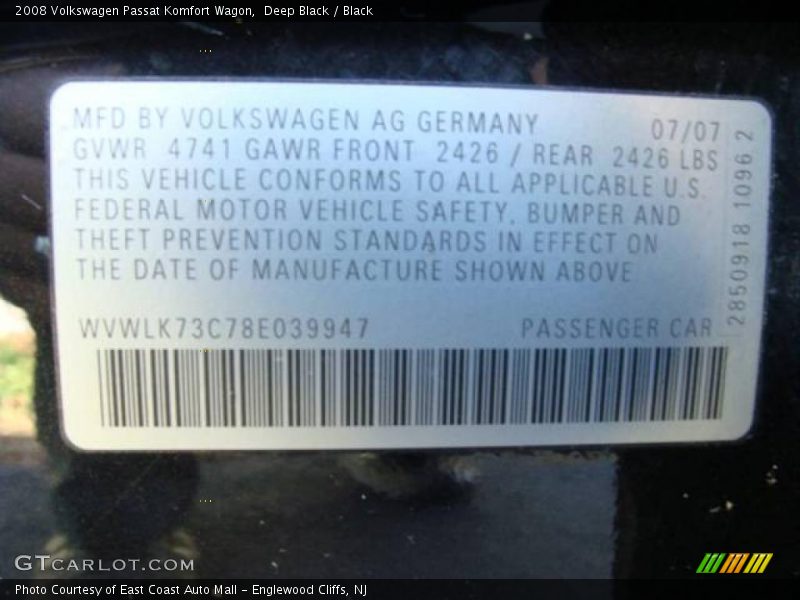 Deep Black / Black 2008 Volkswagen Passat Komfort Wagon